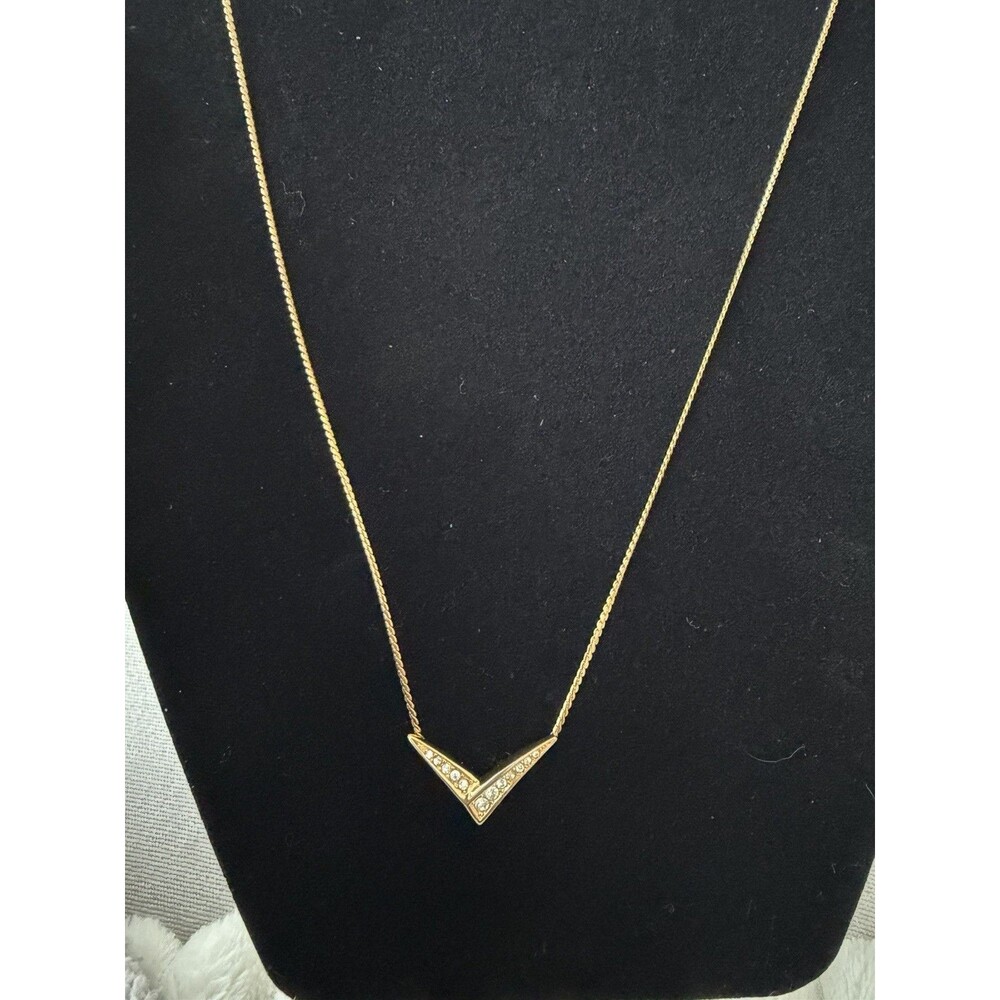 ⁠Vintage Christian Dior Gold Rhinestone Chevron V Pendant Necklace 18” w/ COA